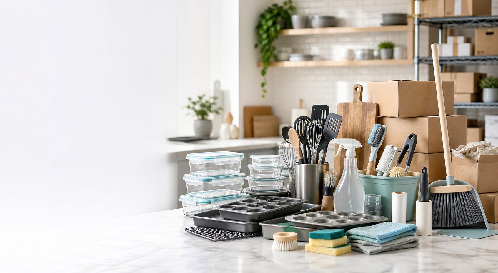 Home and kitchen essentials arranged with ecommerce packing supplies